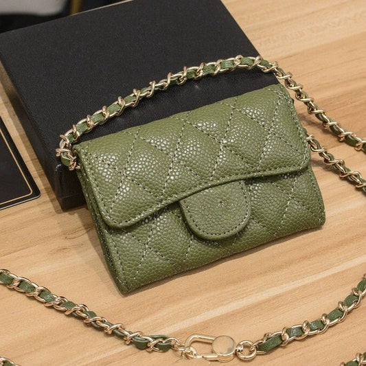 Genuine Leather Chain Rhombus Caviar Sheepskin Card Holder