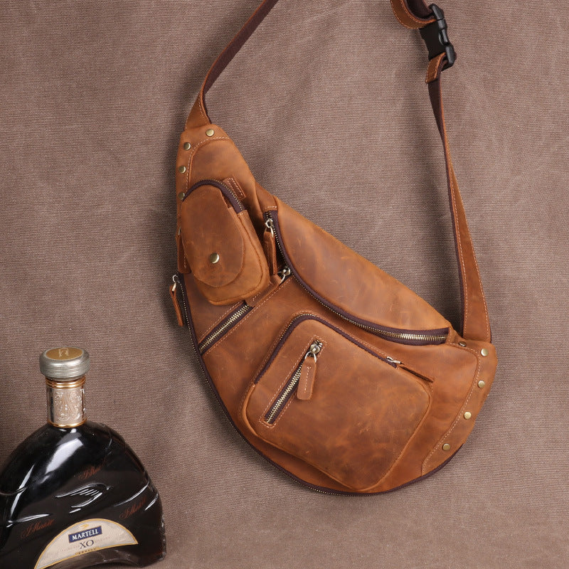 Men's Horse Leather Genuine Large Capacity First Layer Cowhide Riding Men's Chest Bags