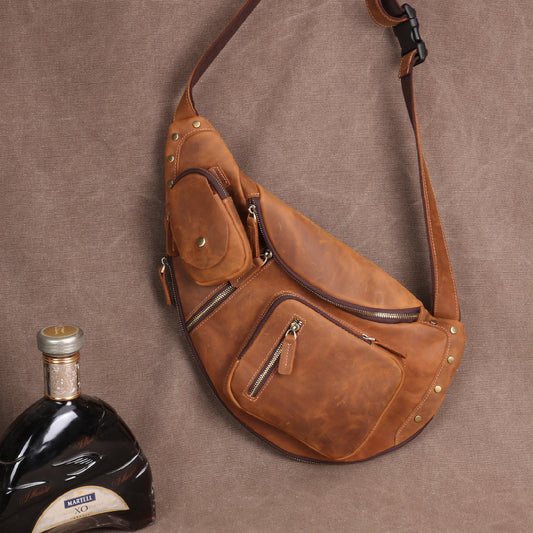 Men's Horse Leather Genuine Large Capacity First Layer Cowhide Riding Men's Chest Bags