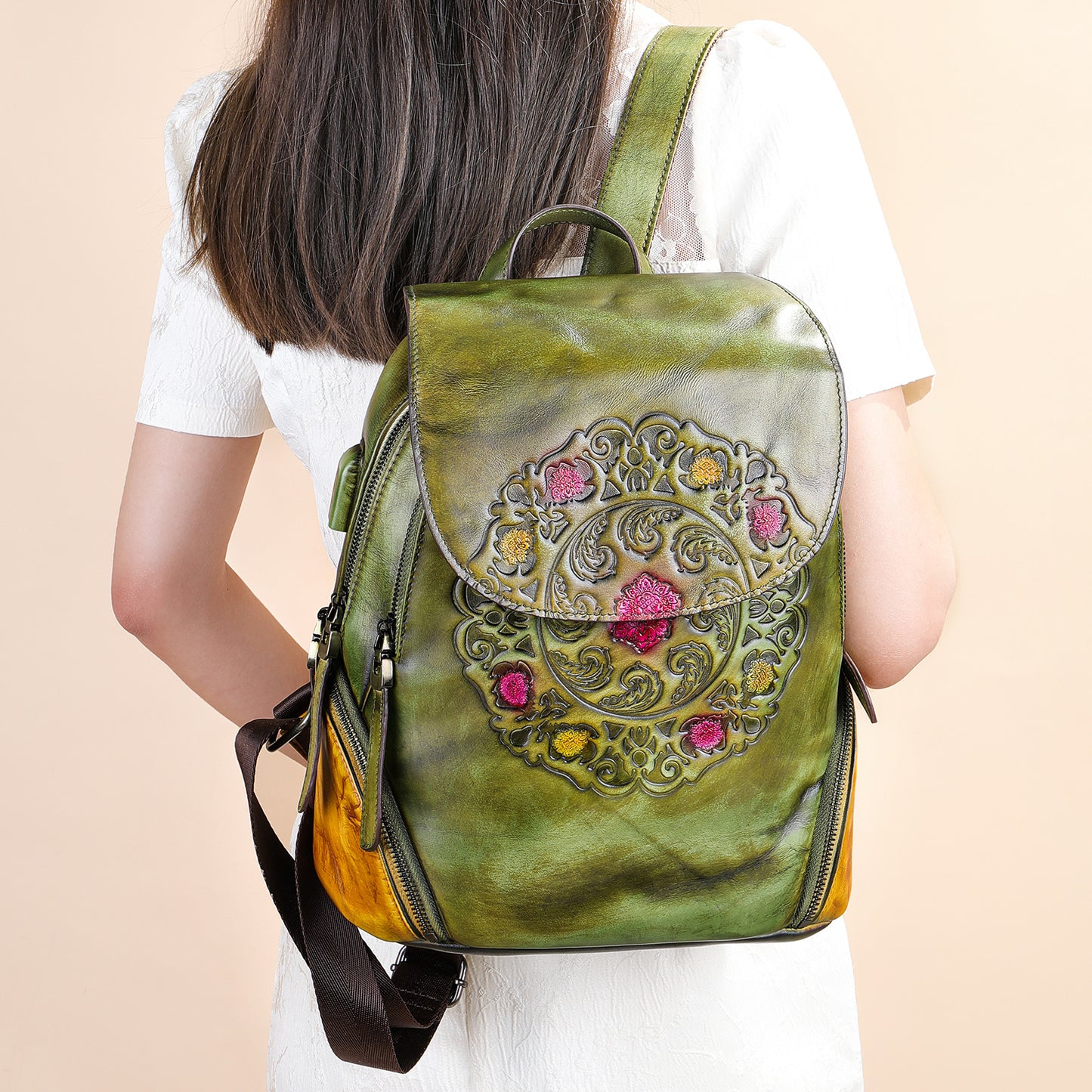 Women's Leather Ethnic Style Retro Hand-rub Color First Backpacks