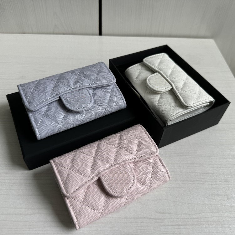 Slot Rhombic Caviar Pattern Cowhide Leather Card Holder