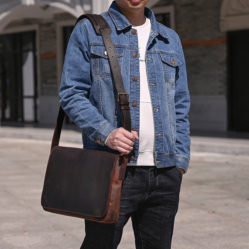 Men's Crazy Horse Leather Vintage Genuine Cowhide Men's Shoulder Bags