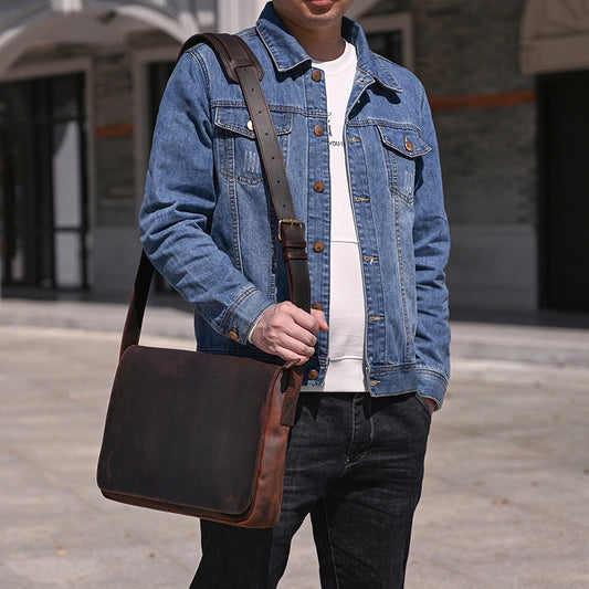 Men's Crazy Horse Leather Vintage Genuine Cowhide Men's Shoulder Bags