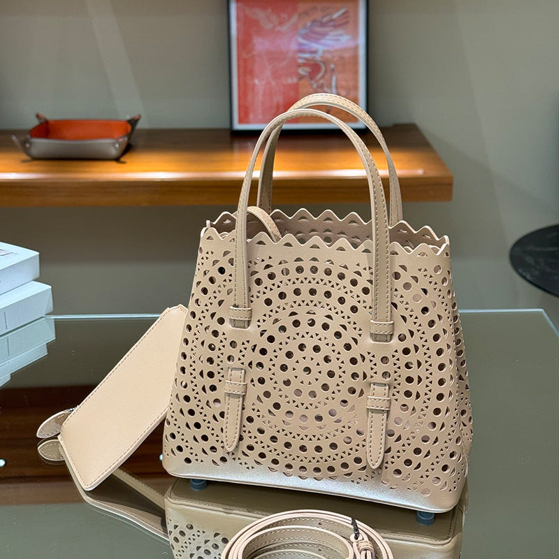 Wave Hollow Carved Calfskin Long Strap Crossbody Bags
