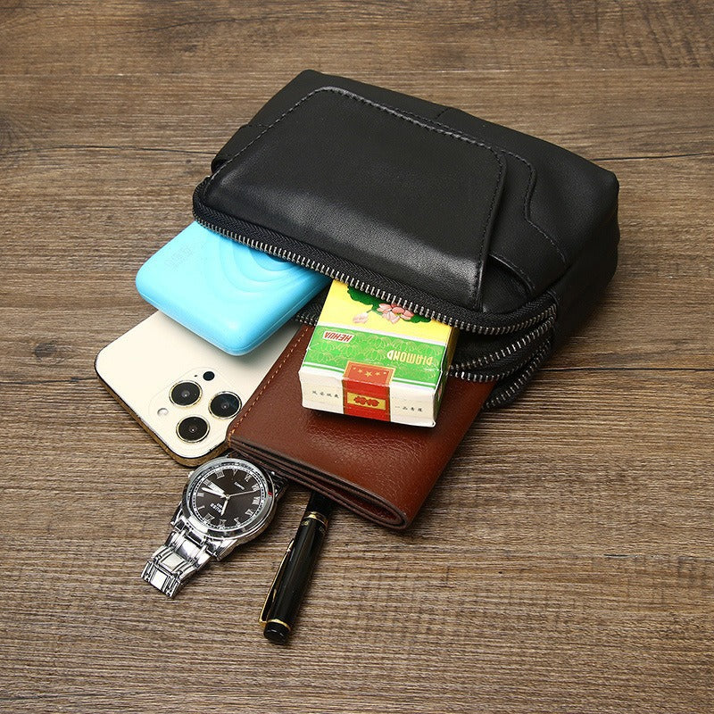 Leather Mini First Layer Double Zipper Phone Bags