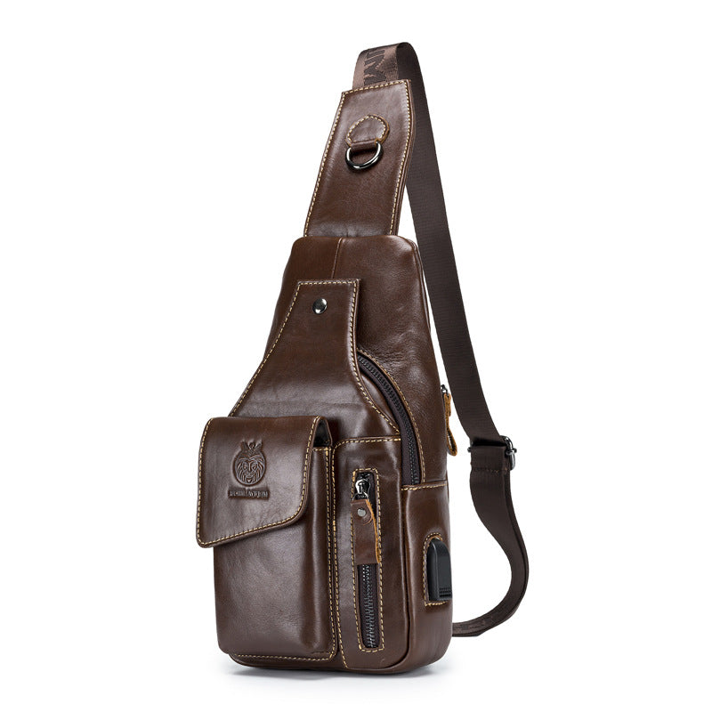 Men's First Layer Cowhide Blue Genuine Leather Men's Chest Bags