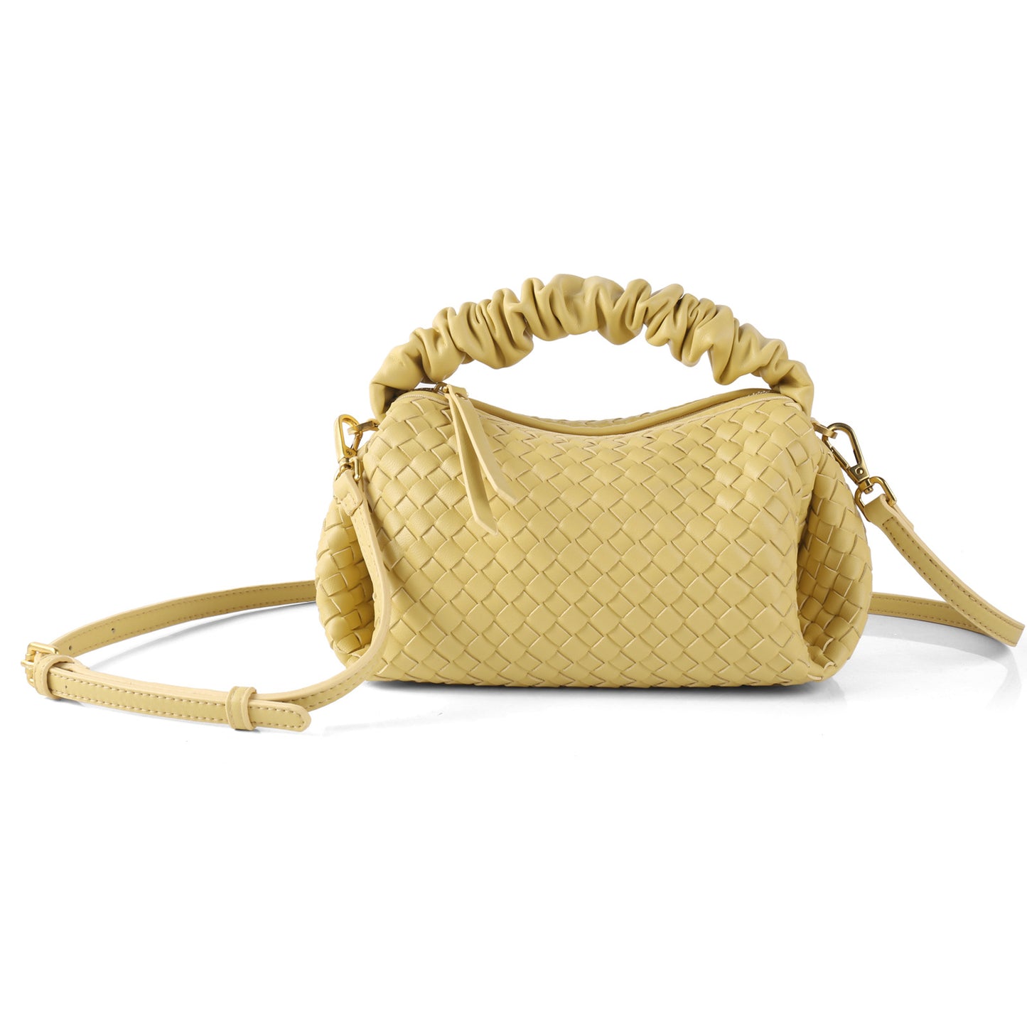 Soft Leather Woven Pleated Wooden Ear Portable Handbags