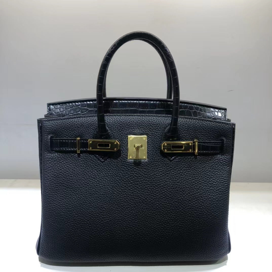 Pattern Color Matching Calfskin Litchi Genuine Handbags