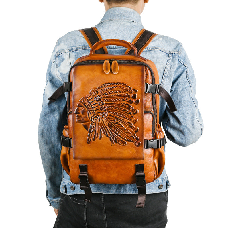 Men's Old First Layer Leather Embossing Brush-off Backpacks