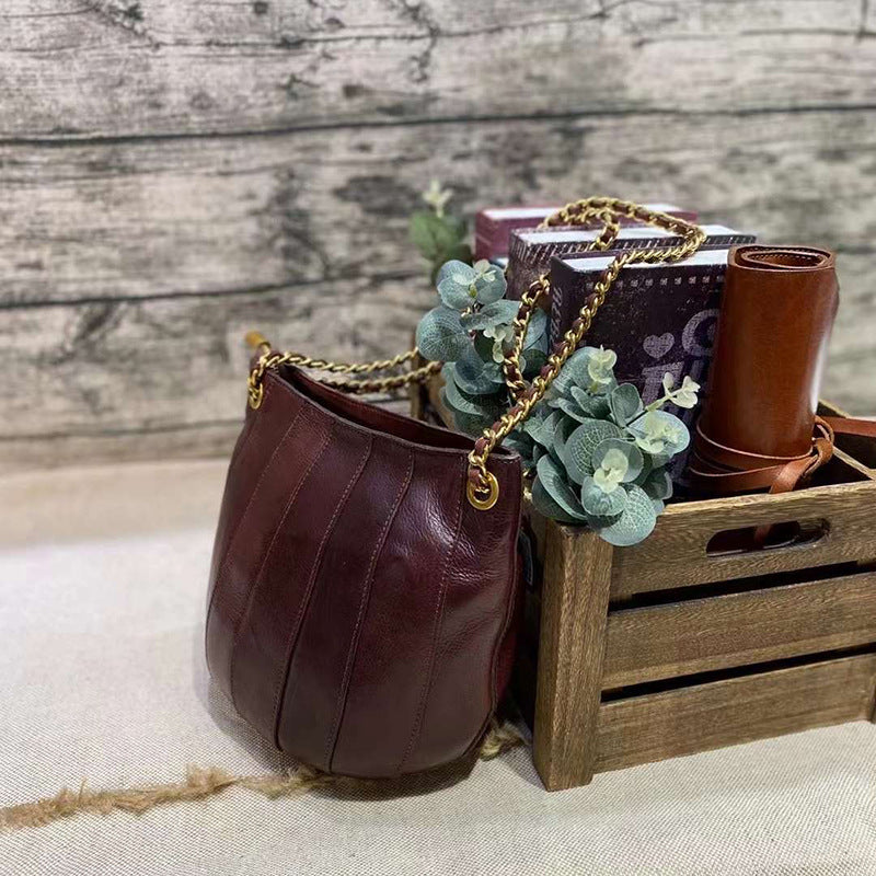 Tanned Handmade First Layer Cowhide Chain Bucket Bags
