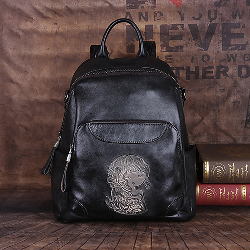 Women's First Layer Cowhide Chinese Style Retro Backpacks