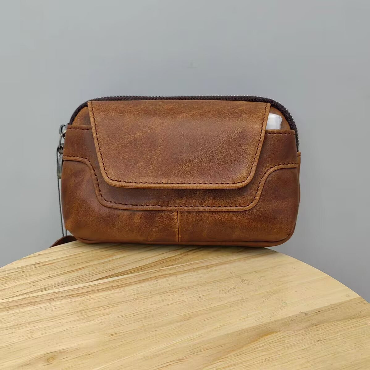 Leather Mini First Layer Double Zipper Phone Bags
