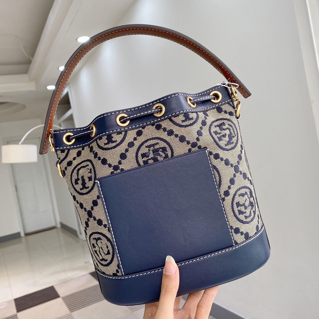 Women's Cowhide Canvas Single Drawstring Presbyopic Bucket Bags