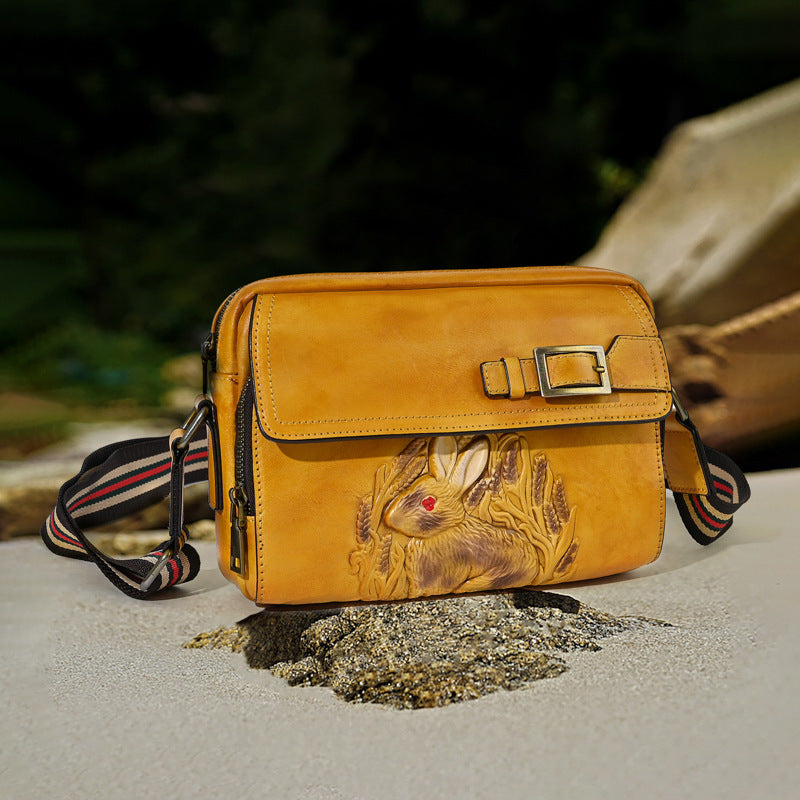 Chinese Style Embossed Rabbit First Layer Shoulder Bags