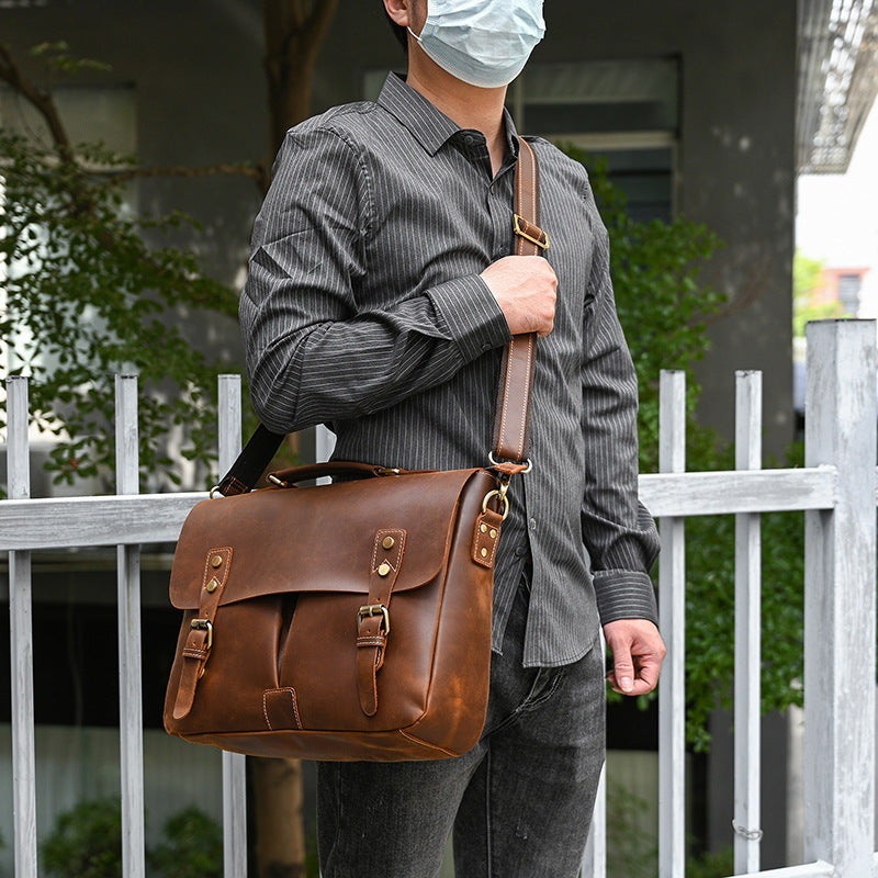 Men's Leather Retro Cowhide Crazy Horse Inch Men's Handbags