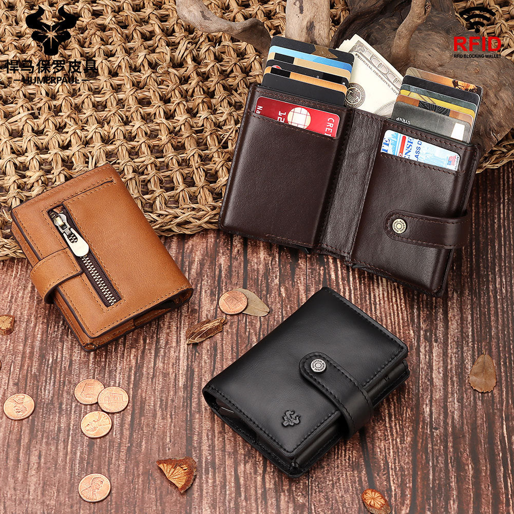 Men's Leather Short Vintage Zipper Automatic Card Holder