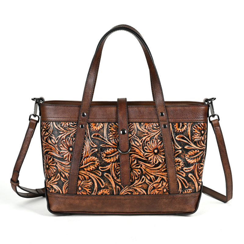 Women's Layer Cowhide Hand Carved Vintage Large Tote Bags