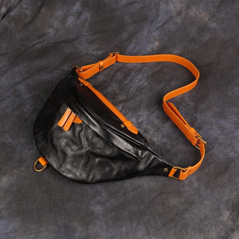 Men's Retro Vegetable Tanned Leather Cowhide Genuine Men's Chest Bags