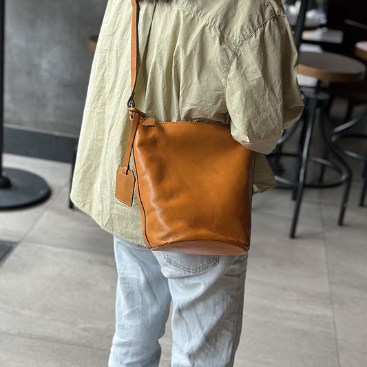 Women's Leather For First Layer Cowhide Retro Bucket Bags