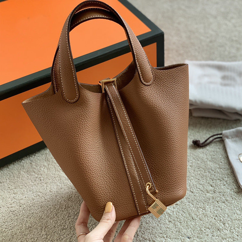 Women's Basket Genuine Leather Simple High-grade Large Capacity Bucket Bags