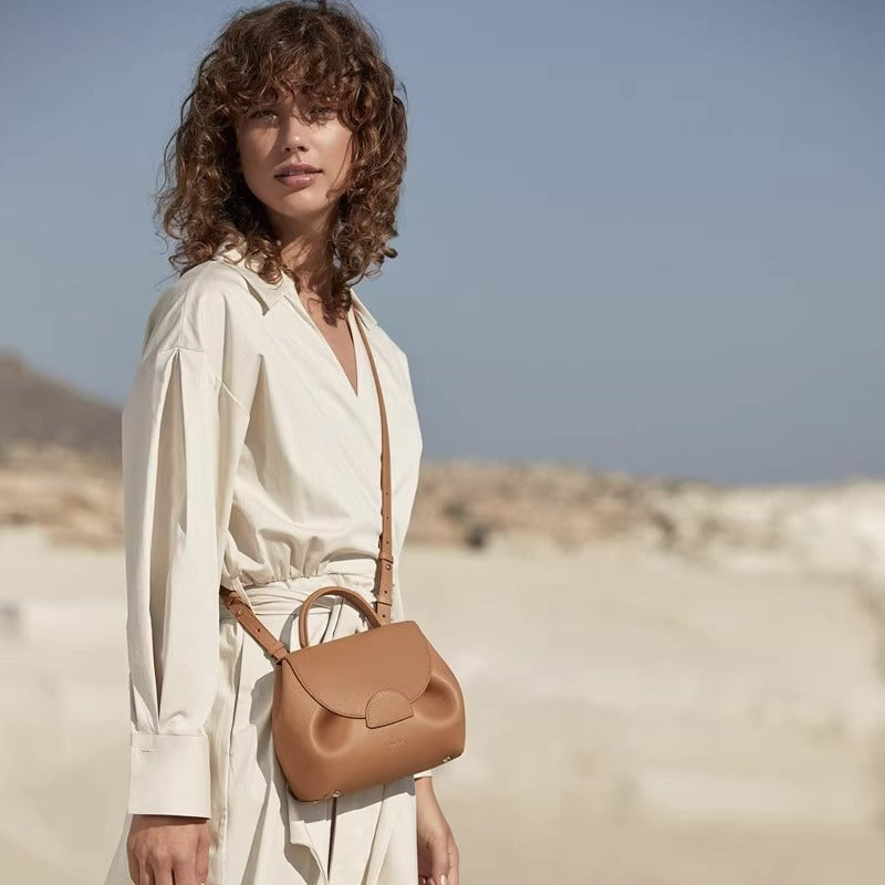 French Design Camel Lychee Cowhide Stitching Bags