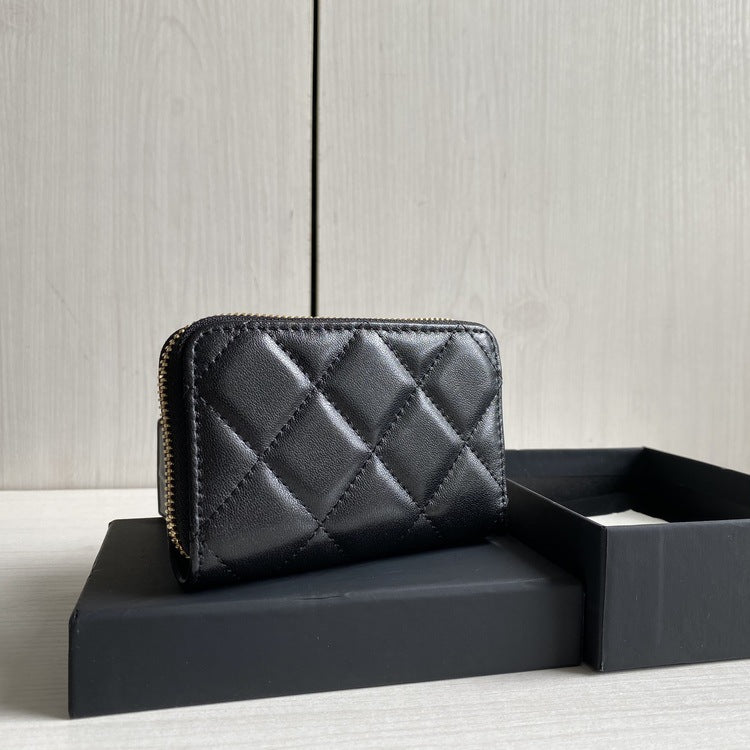 Rhombus Classic Style Sheepskin Zipper Genuine Card Holder