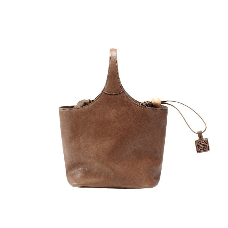 Women's Leather Vintage Genuine Flower Basket Commuter Bucket Bags