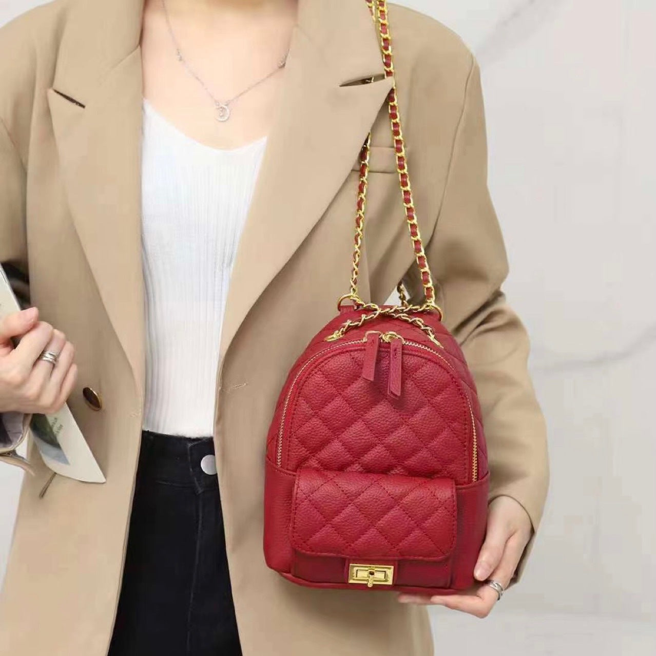 Women's First Layer Cowhide Leather Rhombus Chain Backpacks
