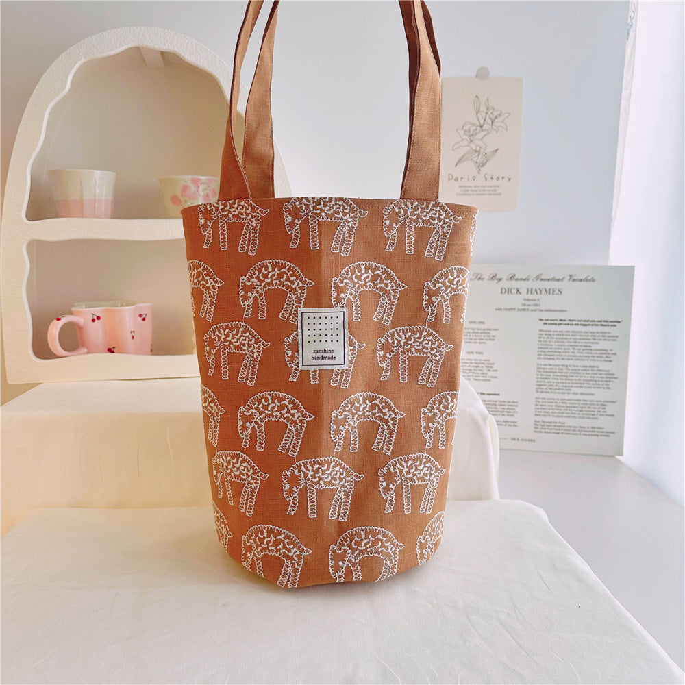 Women's Cotton Linen Embroidery Fabric Round Barrel Bucket Bags