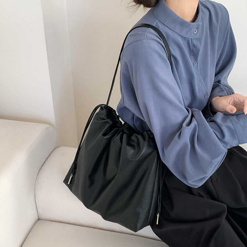 Women's Soft Calfskin Cloud Genuine Leather Drawstring Large Capacity Shoulder Bags