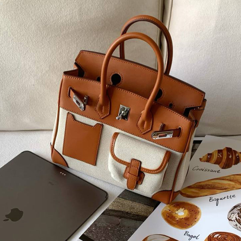 Color Platinum Canvas Stitching Leather Large Bags