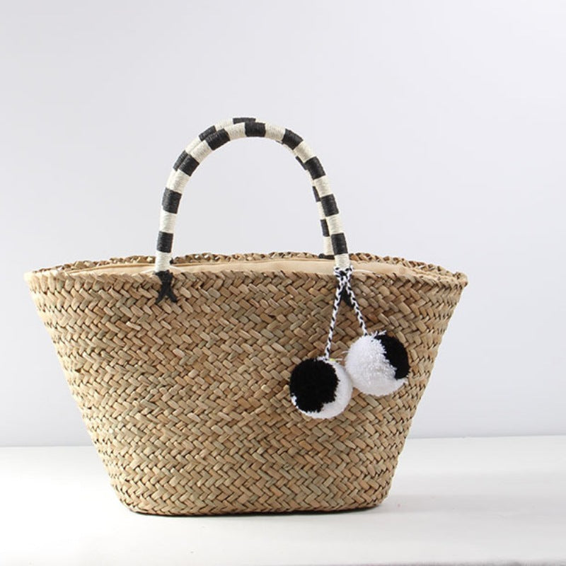 Women's Capacity Straw Fur Ball Woven Vacation Bags