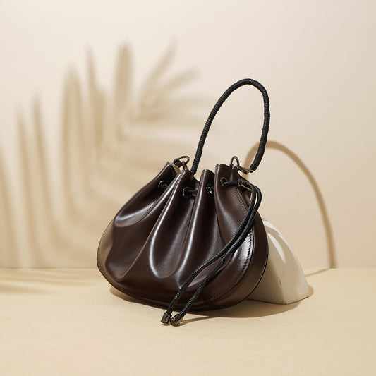 Summer Niche Top Layer Cowhide Shell Drawstring Shoulder Bags