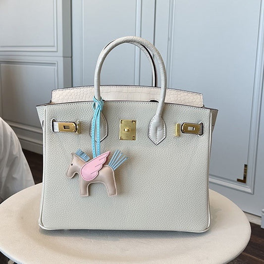 Women's Layer Cowhide Lychee Pattern Stitching Crocodile Large Capacity Handbags