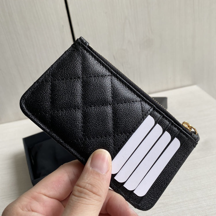 Rhombus Classic Style Genuine Leather Mouth Cover Female Zipper Card Holder