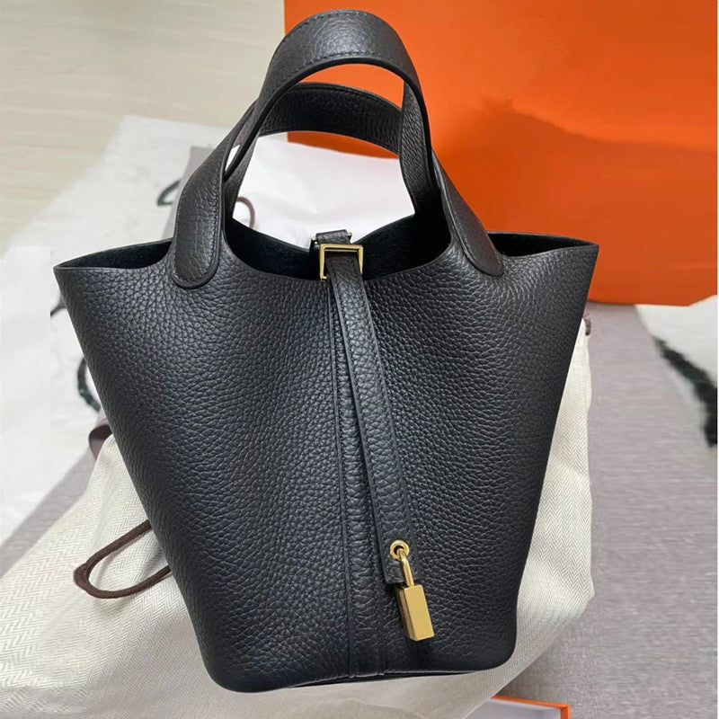 Women's Color Matching Vegetable Basket Genuine Leather Litchi Pattern Handbags