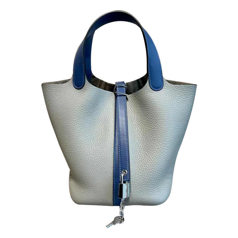 Women's Imported Leather Color Matching Vegetable Basket Handbags