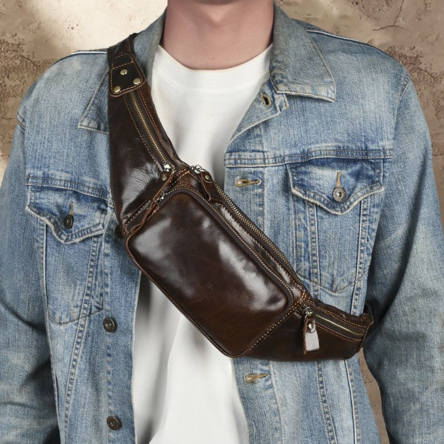 Men's Leather First Layer Cowhide Mobile Trendy Men's Chest Bags