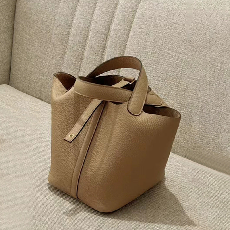 Women's Line Vegetable Basket Genuine Leather Litchi Pattern Handbags
