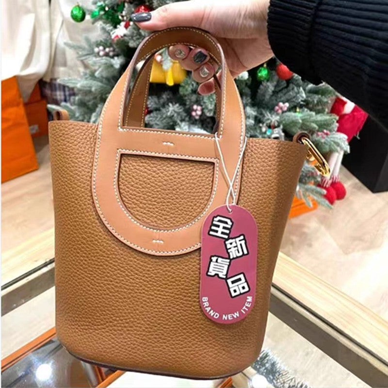 Women's First Layer Cowhide Large Capacity Vegetable Bucket Bags