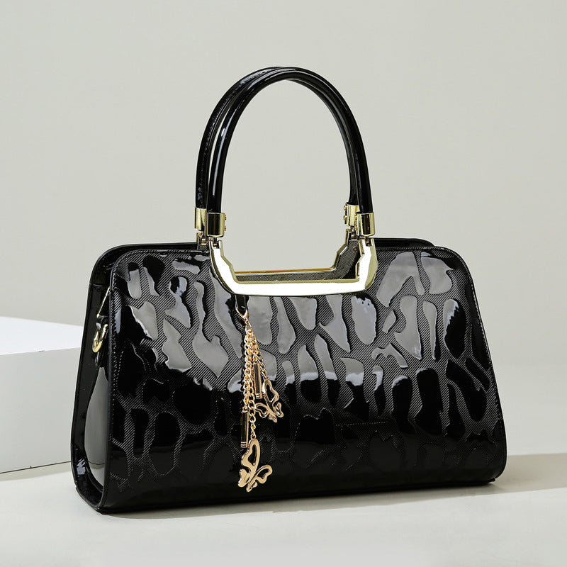 Women's High-grade Patent Leather Stone Pattern Boston Handbags