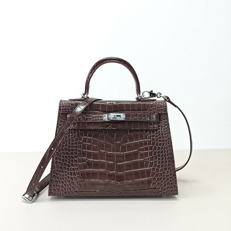 Women's Crocodile Pattern Kelly Fashion Genuine Leather Handbags