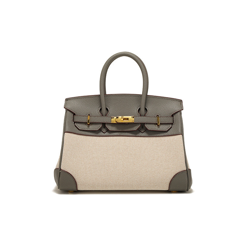 Women's Spring Design Leather With Canvas Contrast Shoulder Bags