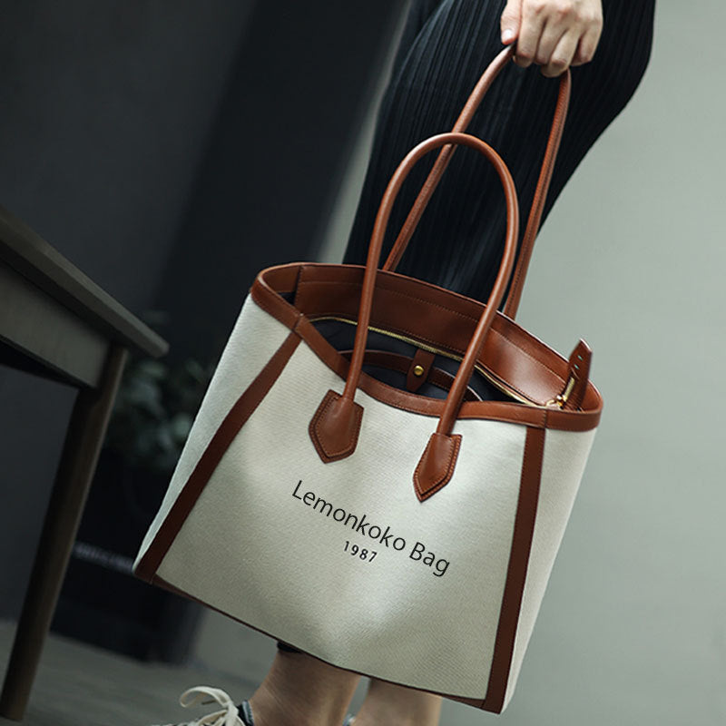 Women's Canvas Stitching Korean Style Large Capacity Tote Bags