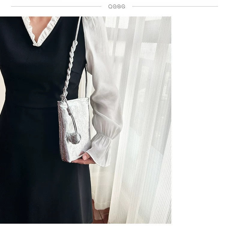 Women's Leather Woven Ball Vertical Soft Fan Phone Bags