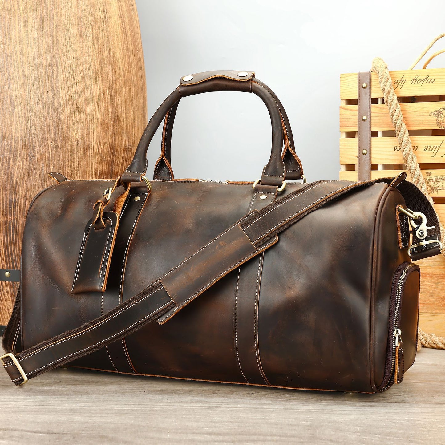 Men's Traveling Black With Shoe Position Cowhide Travel Bags