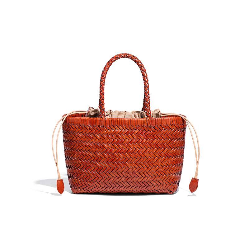 Women's French Food Basket Woven First Layer Cowhide Tote Bags
