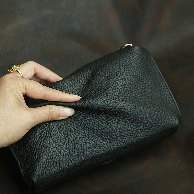 Men's Hipster Genuine Leather Clutch Soft Zip Long First Layer Men's Handbags