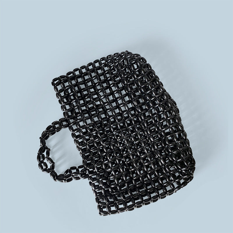 Design With Wooden Beads Decoration Hand-woven Handbags
