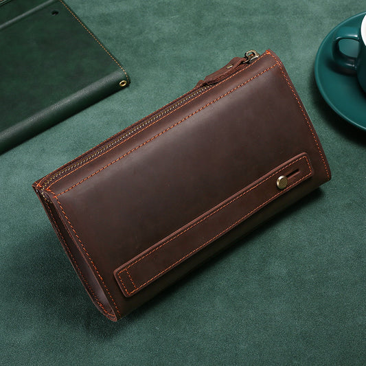 Men's Leather Long Zip Clutch Crazy Horse Phone Bags